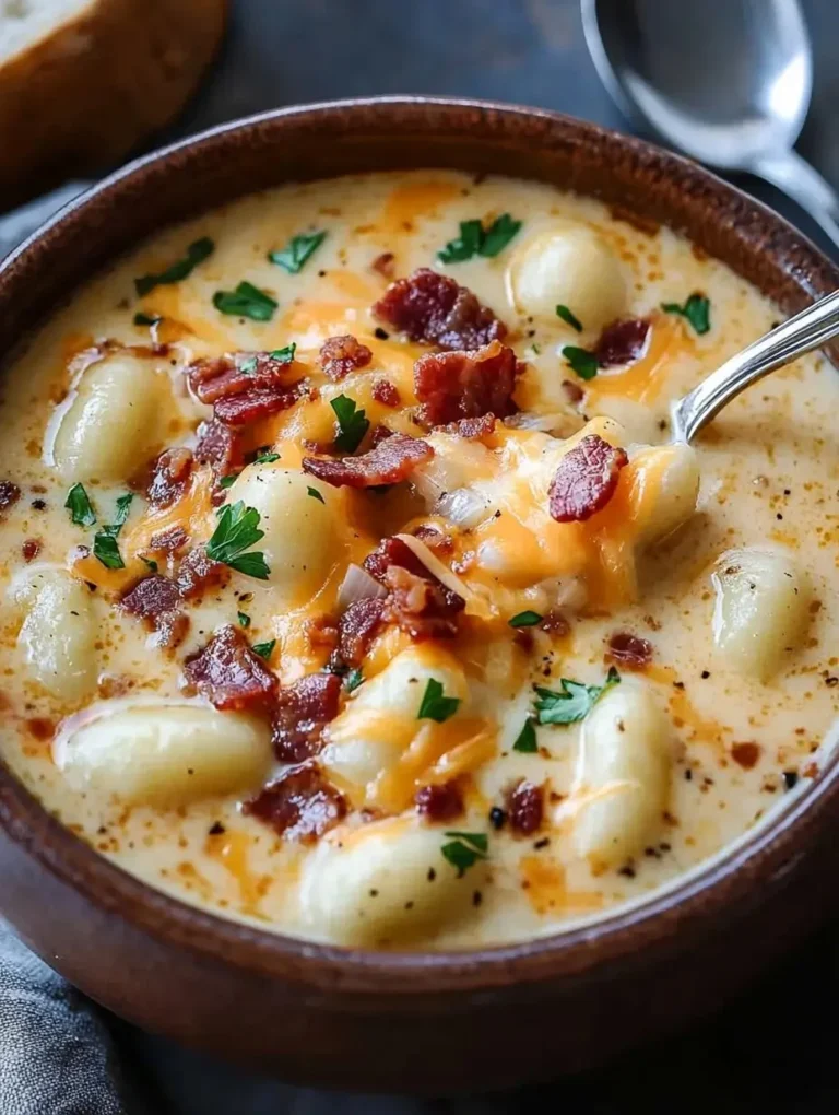 Bacon-Cheddar-Gnocchi-Suppe in einer Schüssel, reichhaltig und cremig.