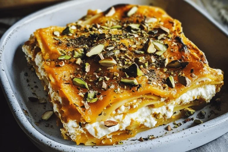 Cremige Kürbislasagne mit Ricotta und Pistazien auf einem Teller angerichtet.