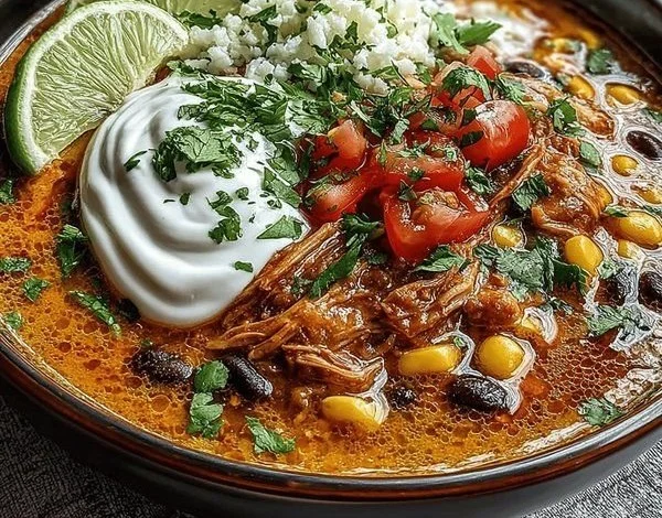 Cremiges Kürbis-Hühnchen-Chili in einer Schüssel serviert