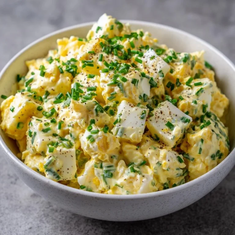 Eiersalat mit Mayonnaise in einer Schüssel, garniert mit frischen Kräutern.