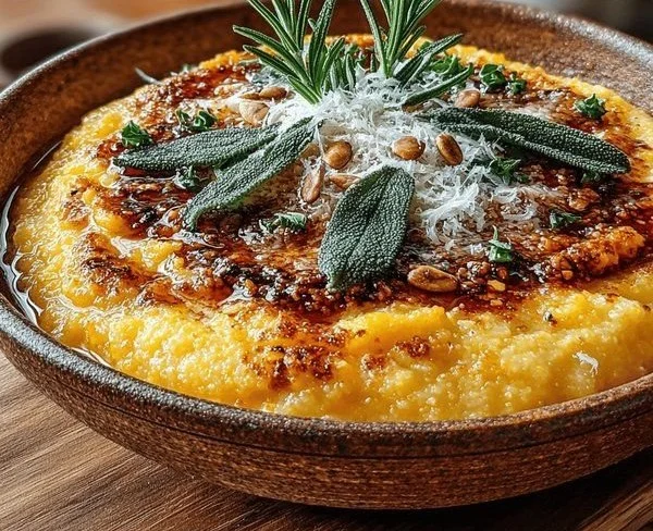 Kürbis-Polenta mit Salbeibutter auf einem Teller serviert