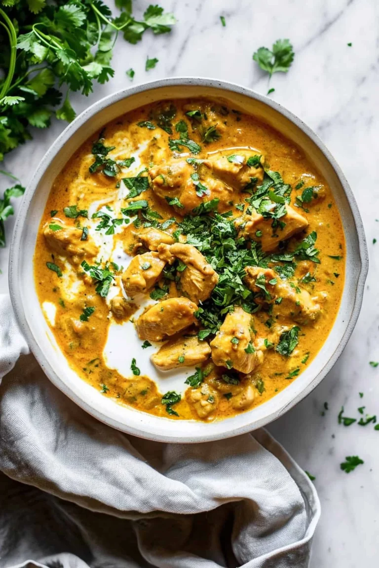 Langsame-Koch-Hühnchen-Korma mit Gewürzen und Zutaten im Topf