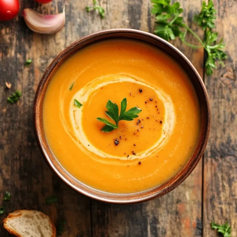 Schüssel mit Omas Kürbissuppe, garniert mit frischen Kräutern