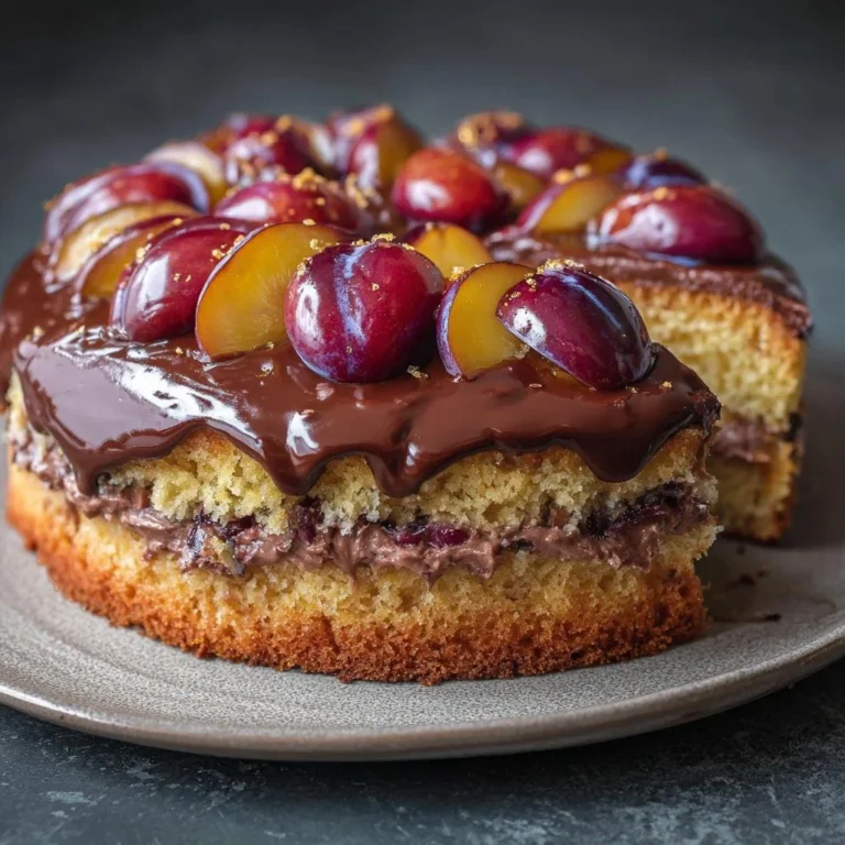 Pflaumenkuchen mit Schokoladencreme, eine köstliche Kombination aus Frucht und Schokolade.