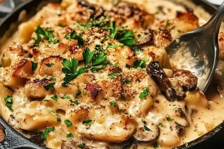 Leckeres Pilz-Stroganoff Gericht für 4 Personen serviert mit frischen Zutaten.