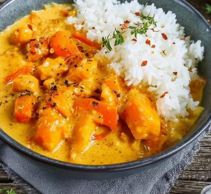 Kürbis-Curry mit Kokosmilch auf einem Teller serviert